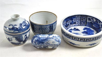 Lot 409 - Two Chinese blue and white bowls (one with cover), blue and white dish and a small box and cover