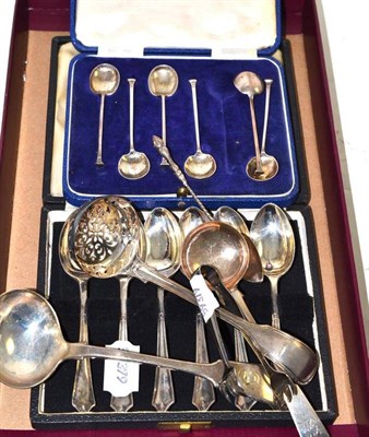 Lot 411 - A set of six silver teaspoons, six silver coffee spoons, Victorian sifter spoon, etc