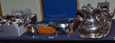 Lot 418 - A plated four piece tea service, a twin handled tray, a pair of sauceboats, a waiter, a Christening