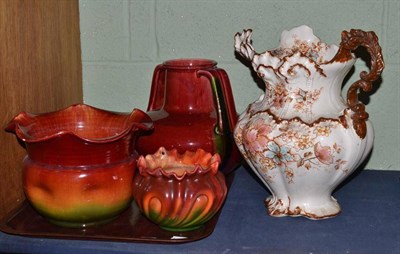 Lot 429 - Victorian wash jug, Bretby twin handle vase, pair of Bretby hanging vases and planter