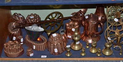 Lot 433 - Thirteen various copper jelly moulds, a strainer spoon, nine weights, two copper coffee pots, a...