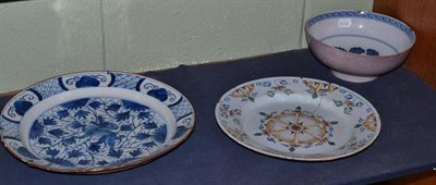 Lot 434 - An 18th century manganese Delft bowl and two 18th century Delft chargers (a.f.)