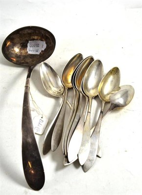 Lot 439 - A 19th century Dutch silver soup ladle, stamped DIEMONT, a set of ten tablespoons, worn Continental