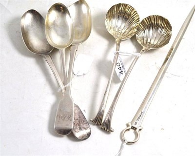 Lot 440 - Pair of Georgian silver tablespoons, silver skewer, pair of sauce ladles and spoon (6)