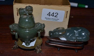 Lot 442 - A Chinese jade-type carving of a recumbent water buffalo on stand and a censer and cover on...