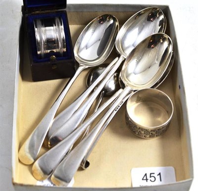 Lot 451 - Five silver tablespoons, two napkin rings and two other spoons