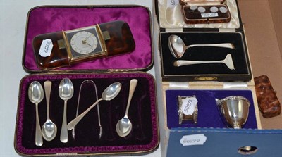 Lot 459 - A silver three piece Christening set, cased; a silver two piece Christening set, cased; a set...