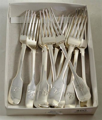 Lot 460 - A matched set of twelve fiddle pattern table forks, initialled R, various 19th century dates