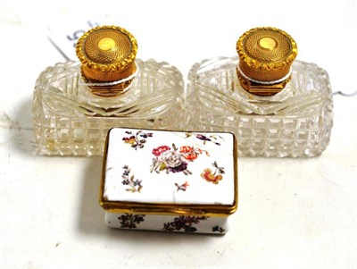 Lot 465 - A pair of cut glass and gilt metal scent bottles and a Staffordshire enamel box