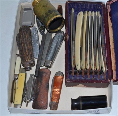 Lot 467 - Part telescope in red leather case, cut throat razors in hinged case, assorted pen knives,...