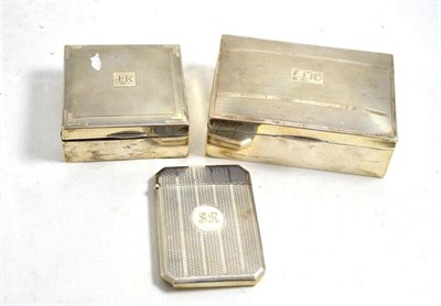 Lot 486 - A silver visiting card case initialled 'SR' and two silver cigarette boxes initialled 'JR'