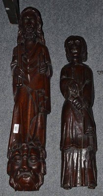 Lot 488 - 19th century oak carving of St Peter and a Gothic style carving of a female figure holding a scroll