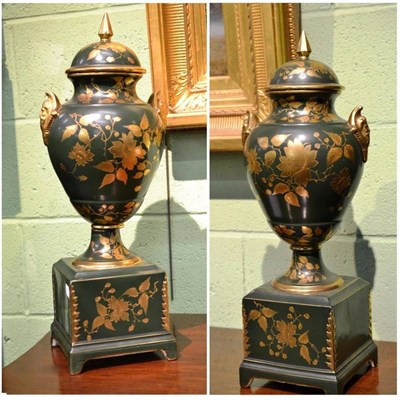 Lot 490 - Large pair of Staffordshire gilded pedestal vases and covers, 61cm high