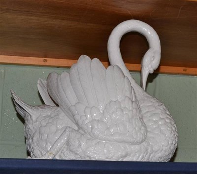 Lot 510 - A smear glazed pottery swan-shaped jardiniere, in the white, 40cm (a.f.)