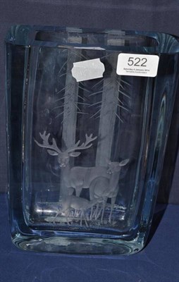 Lot 522 - A Strombergshyttan Swedish crystal vase, engraved with a stag, deer and foal, factory marks, 24cm