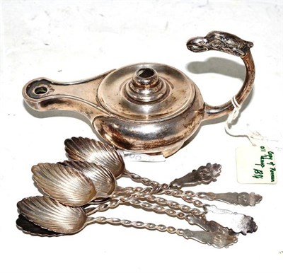 Lot 560 - Silver copy of Roman lamp and six silver teaspoons