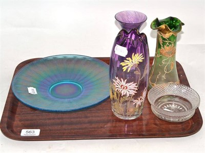 Lot 563 - Three iridescence glass vases, shallow bowl and a cut glass bowl