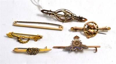 Lot 596 - Six bar brooches, some set with seed pearls (a.f.)