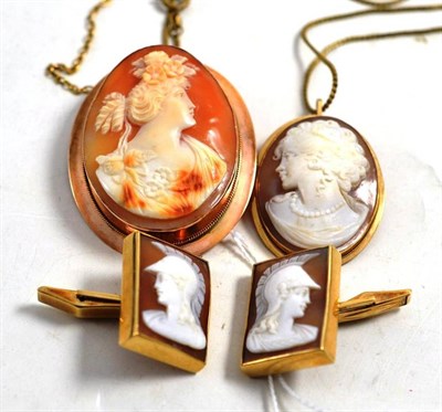 Lot 605 - A pair of 9ct gold cameo cufflinks, a cameo brooch and a cameo pendant on chain (qty)