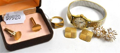 Lot 606 - A pair of 9ct gold cufflinks, an Omega wristwatch, a 9ct gold ring and two pairs of clip-on...