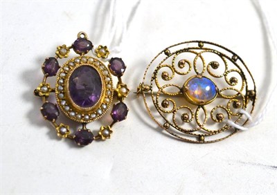 Lot 614 - Victorian amethyst and seed pearl brooch, measures 2.6cm by 3.4cm and an opal set brooch,...