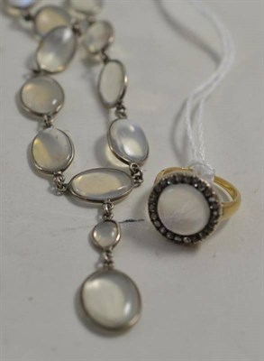 Lot 617 - A moonstone and rose cut cluster ring, finger size H, and a spectacle set moonstone necklace,...