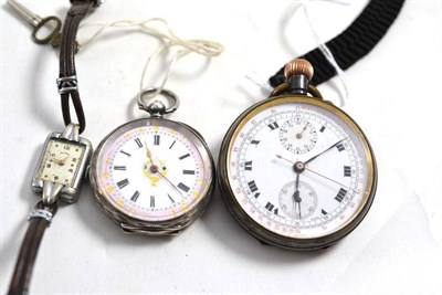 Lot 620 - A gun metal chronograph pocket watch, lady's fob watch and a lady's Rotary wristwatch