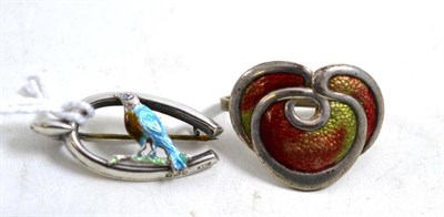 Lot 638 - A silver enamelled bird brooch, 1899, measures 3.3cm by 1.6cm and an enamelled Art Nouveau...