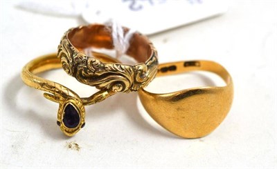 Lot 650 - A fancy ring, finger size S, an 18ct gold signet ring (a.f.) and a gem set snake ring, finger...