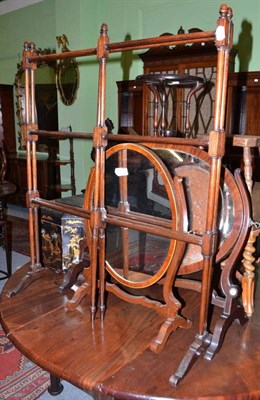 Lot 709 - Two mahogany oval toilet mirrors, a beech folding towel rail and a brass Arts & Crafts style...