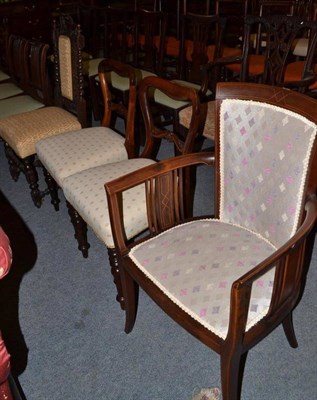 Lot 769 - Edwardian mahogany open armchair, pair of rosewood balloon back dining chairs and a Victorian...