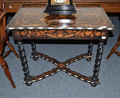 Lot 875 - An 18th century marquetry table fitted with a frieze drawer and raised on spiral turned legs