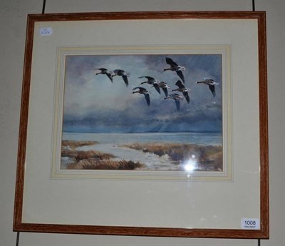 Lot 1008 - Roland Green (1896-1972) ";Whitefronts in Flight";, signed l.r., watercolour, 26.5cm by 36cm