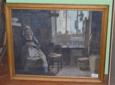 Lot 1024 - Ernest Proctor ARA, NEAC, IS, (1886-1935), A cottage interior with a lady wearing a Dutch cap...