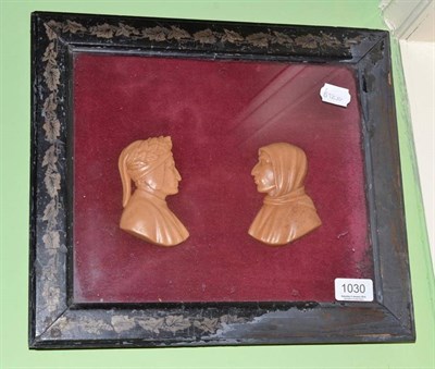 Lot 1030 - A framed 19th century wax relief of two profile heads, one reputedly Dante and the other a...