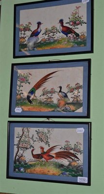 Lot 1032 - Three framed paintings depicting Oriental birds