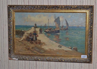 Lot 1038 - John TY Gilroy (1898-1985), Fisherfolk on a pier with vessels setting off, signed, oil on...