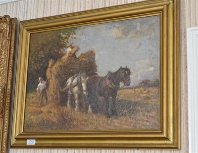 Lot 1042 - David Thomas Robertson, Figures loading a haycart in a summer landscape, signed, oil on canvas,...