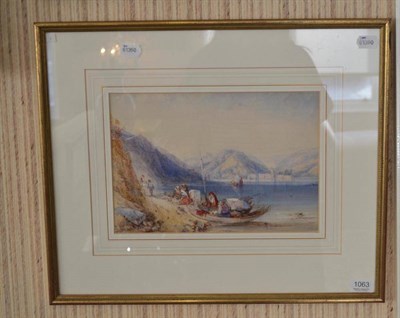 Lot 1063 - Circle of Charles Bentley (1806-1854) Continental lake scene with figures, watercolour, 21.5cm...