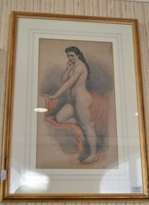 Lot 1067 - British School (19th/20th century) Study of a full length female nude, crayon, 44.5cm by 26cm