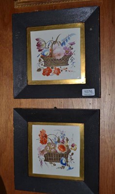 Lot 1076 - Pair of porcelain plaques each depicting still life of a basket of flowers