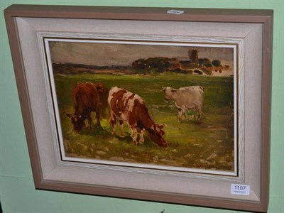 Lot 1107 - Owen Bowen ROI., PRCamA (1873-1967), Cattle grazing in an open landscape, signed, oil on...