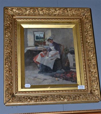 Lot 1115 - David Fulton (d.1930), Interior scene with a mother reading to a child, signed, oil on canvas, 34cm