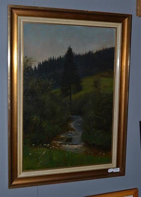 Lot 1133 - ;Schorling; Tannenwald, river in a valley, signed, oil on board, 74cm by 49cm