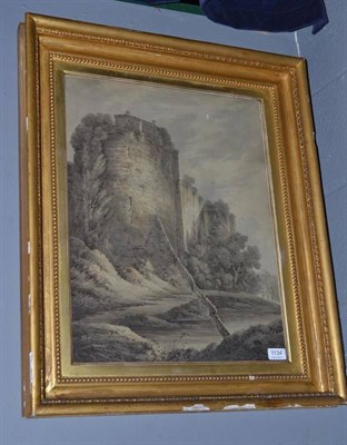 Lot 1134 - Follower of Francis Nicholson, view of a castle keep, watercolour en grisaille, 53cm by 42cm