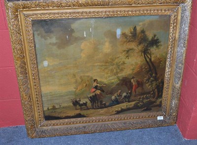 Lot 1140 - Follower of N. Bercham, Landscape with a lady on a horse, goats and cattle, oil on canvas, 61cm...