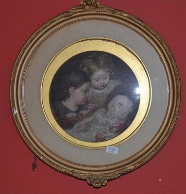 Lot 1142 - Attributed to Kate Tayler (Exh.1882-1908), Two young girls watching a sleeping baby,...