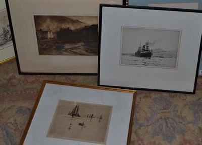 Lot 1167 - Frank Henry Mason (1876-1965), A rowing boat and other vessels in calm waters, signed in...