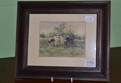 Lot 1174 - Anton Mauve (1838-1888) Herdsmen and cattle in a landscape, watercolour heightened with white,...