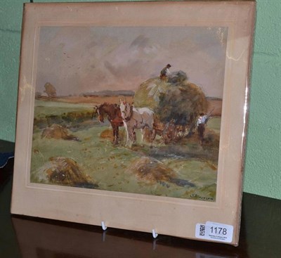 Lot 1178 - John Atkinson (1863-1924) Haycart, signed, watercolour heightened with white, 22.5cm by 29cm...